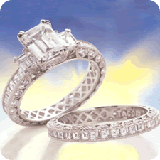 Vintage Look Emerald Cut Diamond Scalloped Wedding Ring